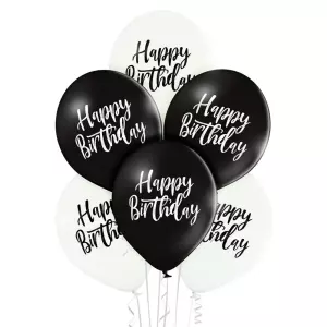 Mustavalkoiset " Happy Birthday" ilmapallot, 6 kpl
