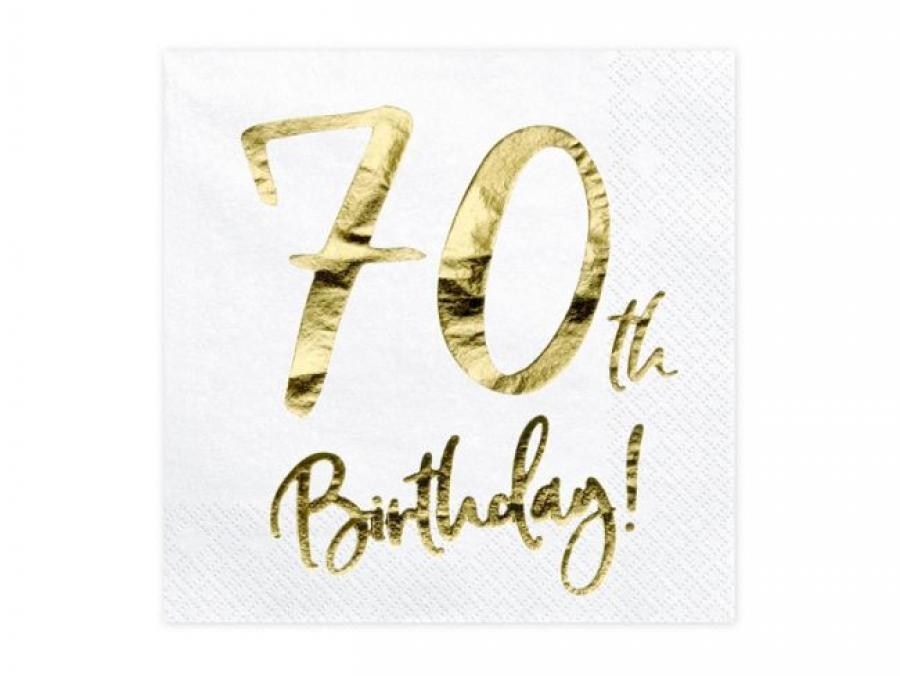 Iso valkoinen lautasliina "70th Birthday!" kultafoliotekstillä, 20 kpl