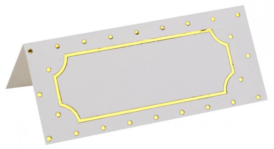 Paikkakortti valkoinen kultafoliopilkuilla 7 x 3 cm, 10 kpl