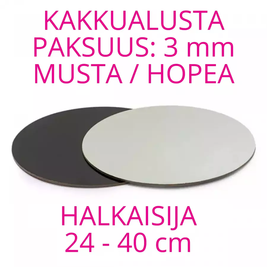 Kakkualusta, hopea / musta pyöreä 24 - 40 cm, 3 mm paksu